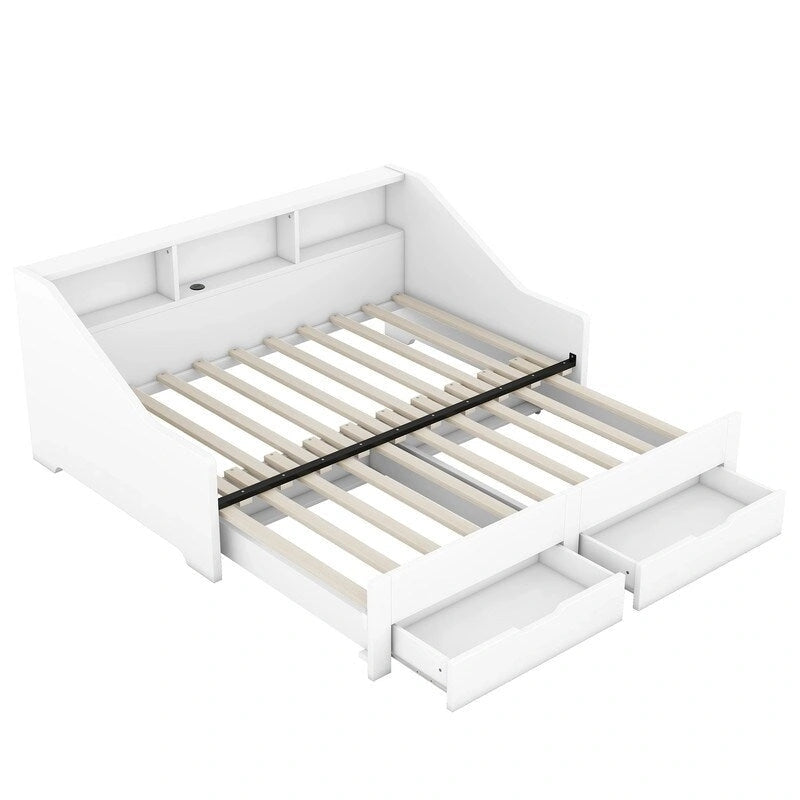 Struttura per divano letto singolo a due piazze con librerie portaoggetti e due cassetti, design con ricarica