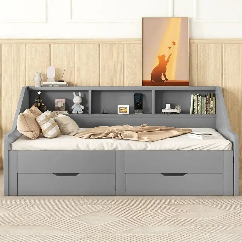 Struttura per divano letto singolo a due piazze con librerie portaoggetti e due cassetti, design con ricarica