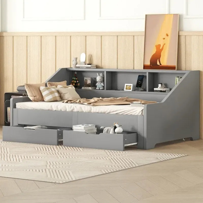 Struttura per divano letto singolo a due piazze con librerie portaoggetti e due cassetti, design con ricarica