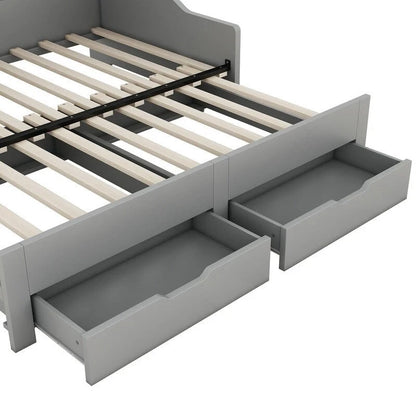 Struttura per divano letto singolo a due piazze con librerie portaoggetti e due cassetti, design con ricarica