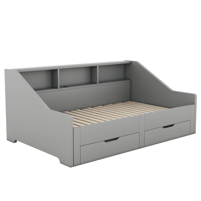 Struttura per divano letto singolo a due piazze con librerie portaoggetti e due cassetti, design con ricarica