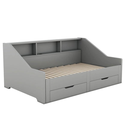 Struttura per divano letto singolo a due piazze con librerie portaoggetti e due cassetti, design con ricarica
