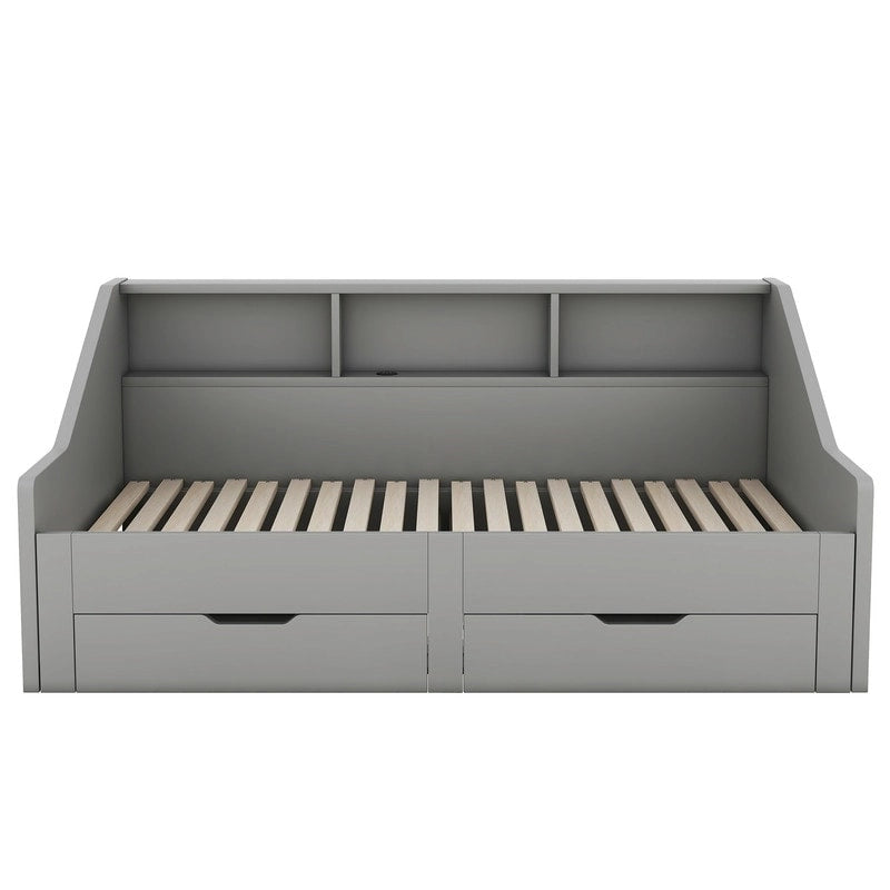 Struttura per divano letto singolo a due piazze con librerie portaoggetti e due cassetti, design con ricarica