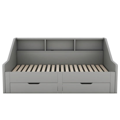Struttura per divano letto singolo a due piazze con librerie portaoggetti e due cassetti, design con ricarica
