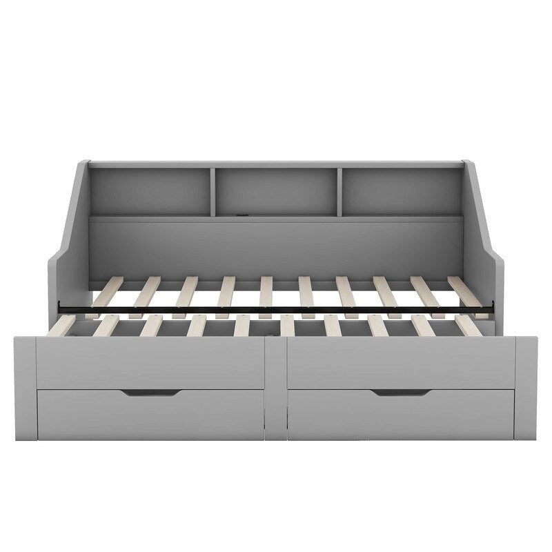 Struttura per divano letto singolo a due piazze con librerie portaoggetti e due cassetti, design con ricarica