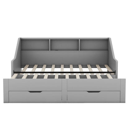 Struttura per divano letto singolo a due piazze con librerie portaoggetti e due cassetti, design con ricarica