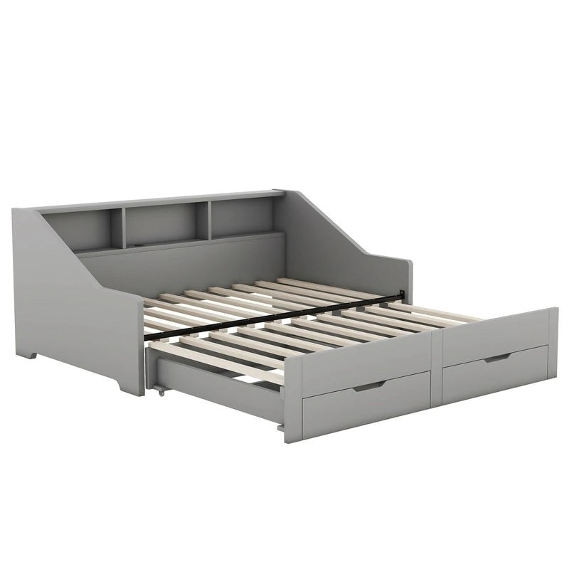 Struttura per divano letto singolo a due piazze con librerie portaoggetti e due cassetti, design con ricarica