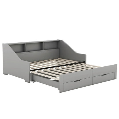 Struttura per divano letto singolo a due piazze con librerie portaoggetti e due cassetti, design con ricarica
