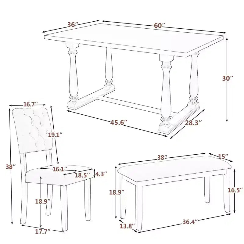 Whisen 6-Piece Dining Table and Chair Set with Special-shaped Legs and Foam-covered Seat Backs and Cushions