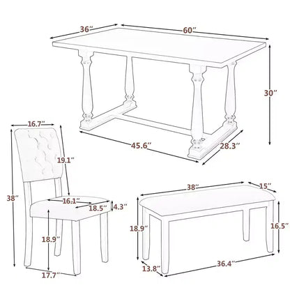 Whisen 6-Piece Dining Table and Chair Set with Special-shaped Legs and Foam-covered Seat Backs and Cushions