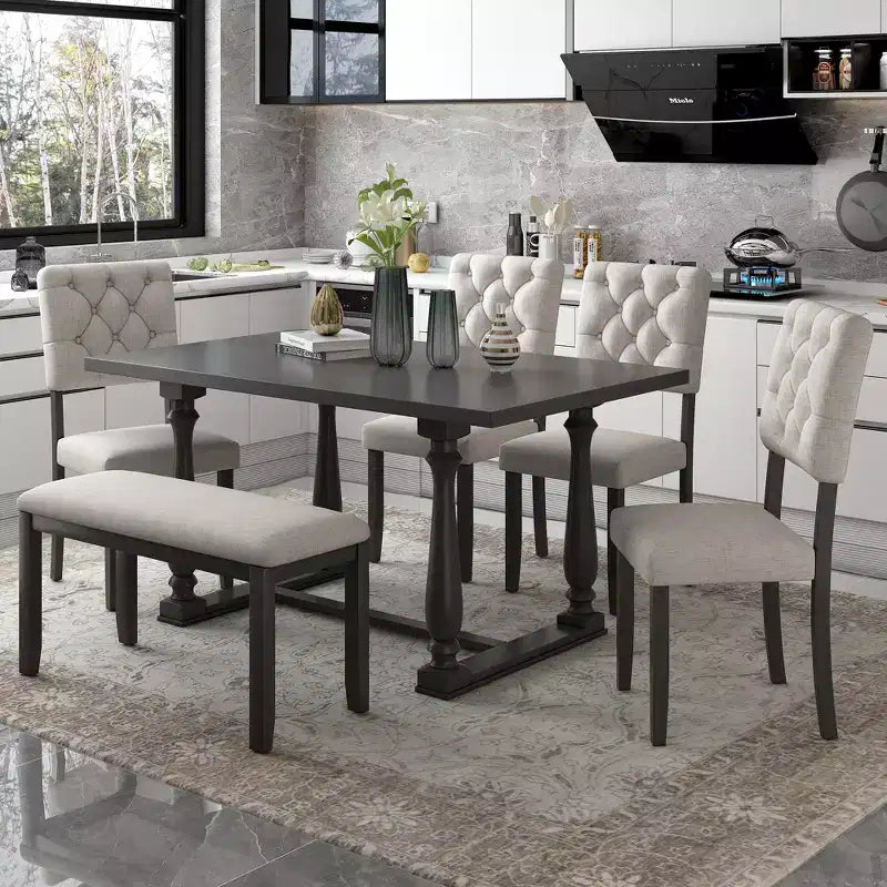 Whisen 6-Piece Dining Table and Chair Set with Special-shaped Legs and Foam-covered Seat Backs and Cushions