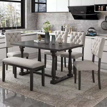 Whisen 6-Piece Dining Table and Chair Set with Special-shaped Legs and Foam-covered Seat Backs and Cushions