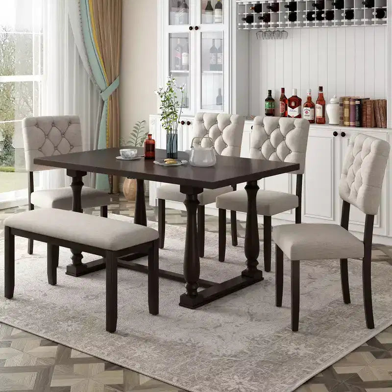 Whisen 6-Piece Dining Table and Chair Set with Special-shaped Legs and Foam-covered Seat Backs and Cushions
