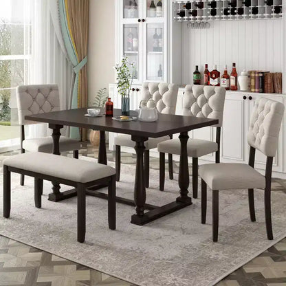 Whisen 6-Piece Dining Table and Chair Set with Special-shaped Legs and Foam-covered Seat Backs and Cushions
