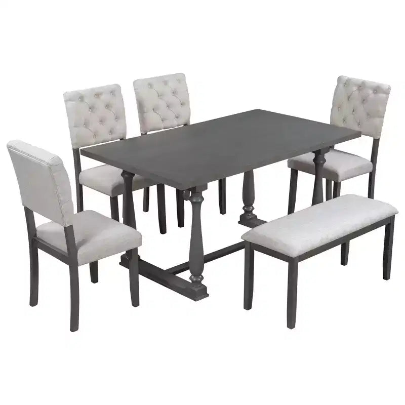 Whisen 6-Piece Dining Table and Chair Set with Special-shaped Legs and Foam-covered Seat Backs and Cushions