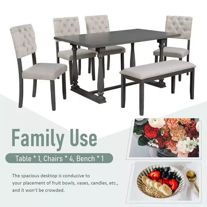 Whisen 6-Piece Dining Table and Chair Set with Special-shaped Legs and Foam-covered Seat Backs and Cushions