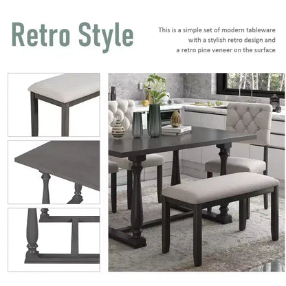 Whisen 6-Piece Dining Table and Chair Set with Special-shaped Legs and Foam-covered Seat Backs and Cushions