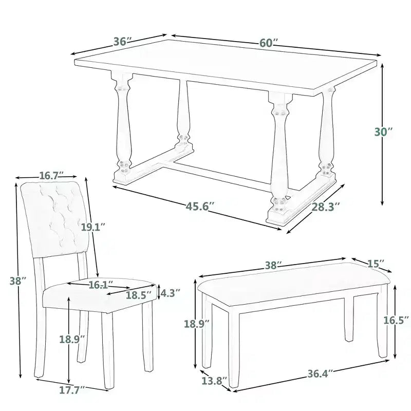 Whisen 6-Piece Dining Table and Chair Set with Special-shaped Legs and Foam-covered Seat Backs and Cushions