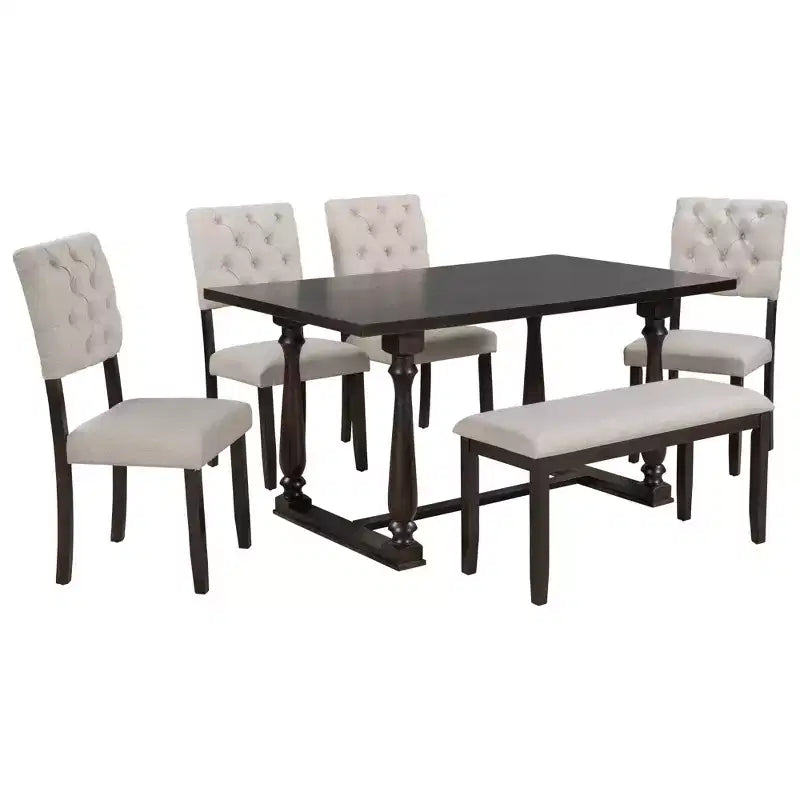Whisen 6-Piece Dining Table and Chair Set with Special-shaped Legs and Foam-covered Seat Backs and Cushions