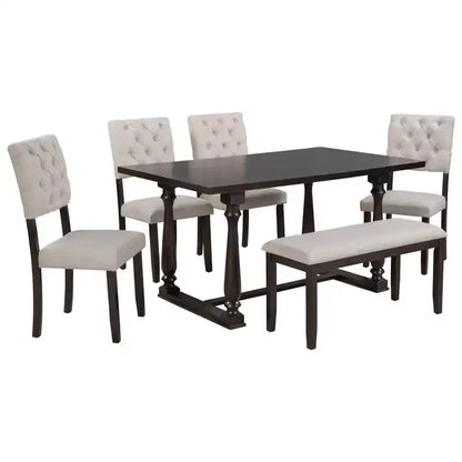 Whisen 6-Piece Dining Table and Chair Set with Special-shaped Legs and Foam-covered Seat Backs and Cushions