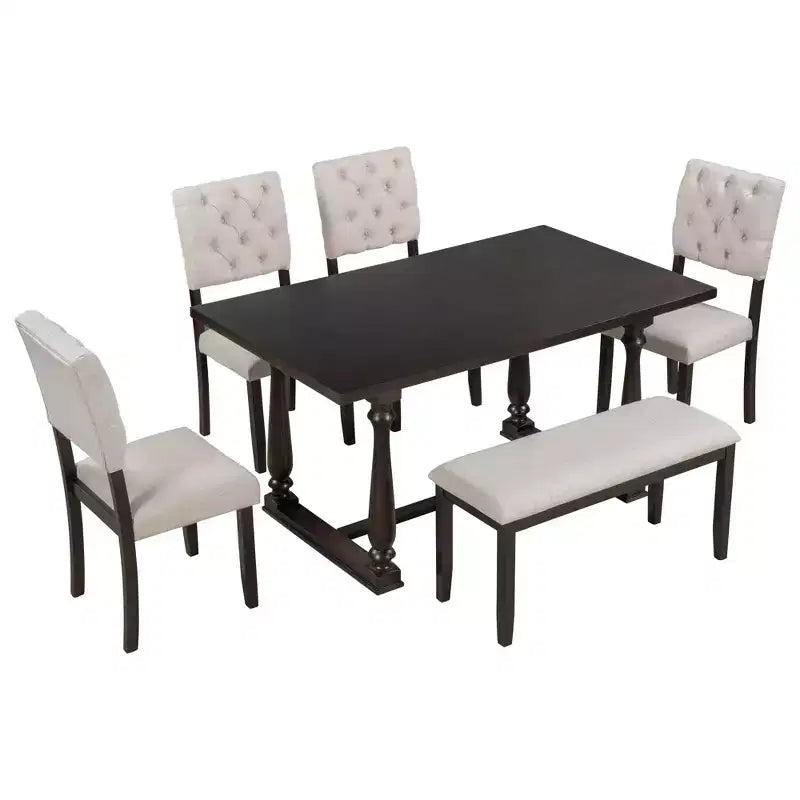 Whisen 6-Piece Dining Table and Chair Set with Special-shaped Legs and Foam-covered Seat Backs and Cushions
