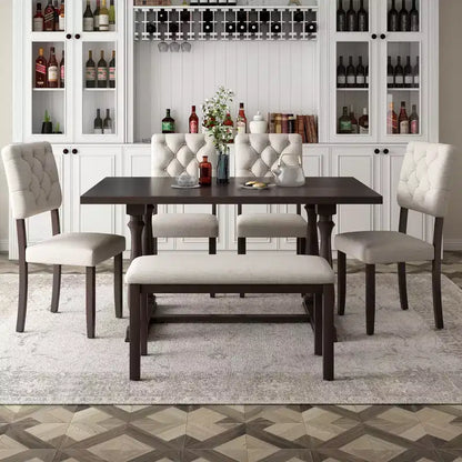 Whisen 6-Piece Dining Table and Chair Set with Special-shaped Legs and Foam-covered Seat Backs and Cushions