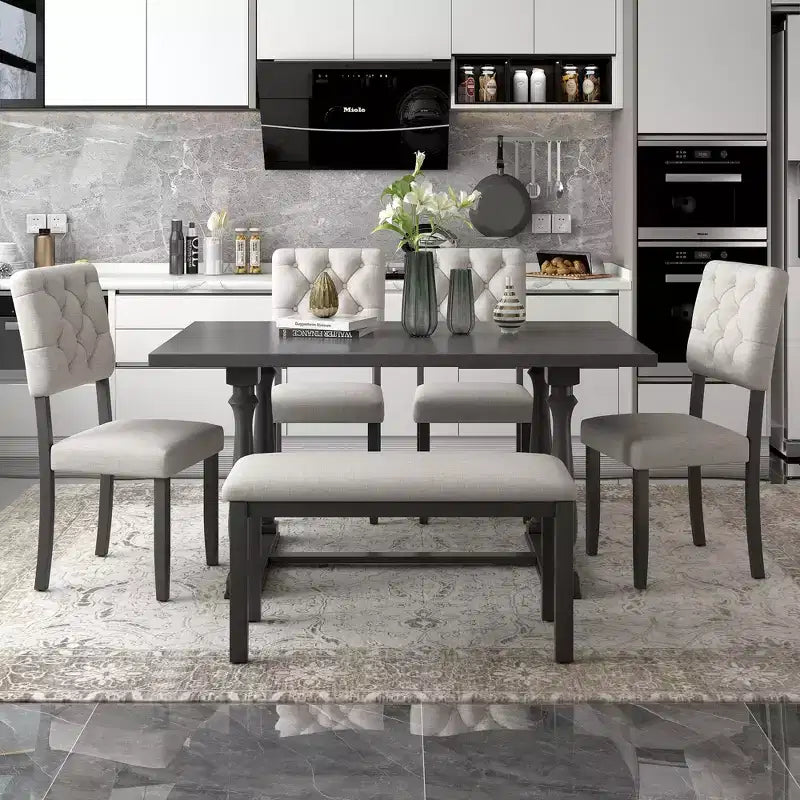 Whisen 6-Piece Dining Table and Chair Set with Special-shaped Legs and Foam-covered Seat Backs and Cushions