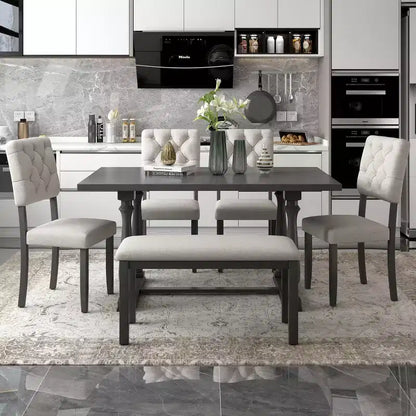 Whisen 6-Piece Dining Table and Chair Set with Special-shaped Legs and Foam-covered Seat Backs and Cushions