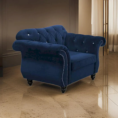 Rima 51 Inch Classic Accent Chair, Velvet Upholstery, Rolled Arms, Indigo
