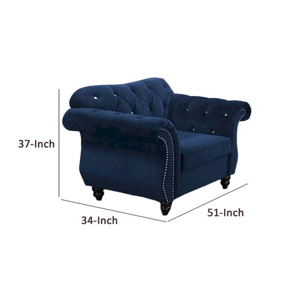 Rima 51 Inch Classic Accent Chair, Velvet Upholstery, Rolled Arms, Indigo