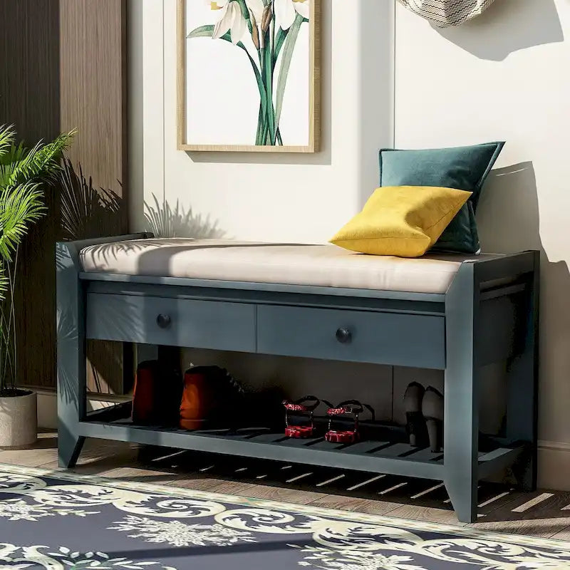 Shoe Rack with Cushioned Seat and Drawers, Multipurpose Storage Bench, Antique Navy - 39 L x 14 W x 19.8 H