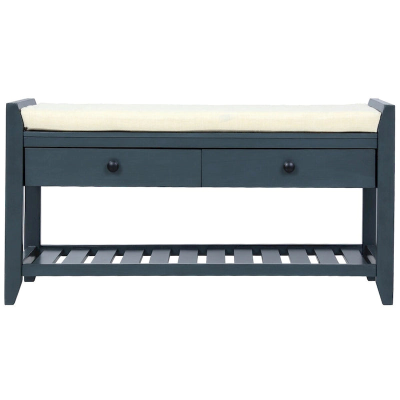 Shoe Rack with Cushioned Seat and Drawers, Multipurpose Storage Bench, Antique Navy - 39 L x 14 W x 19.8 H