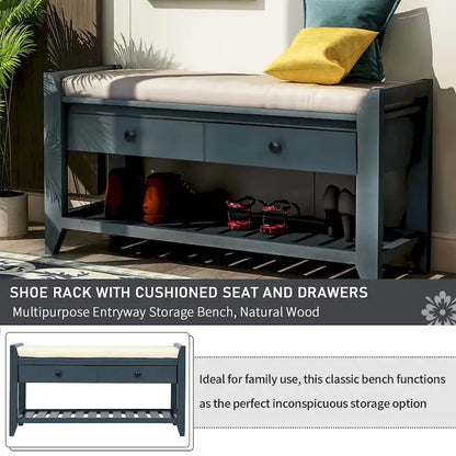Shoe Rack with Cushioned Seat and Drawers, Multipurpose Storage Bench, Antique Navy - 39 L x 14 W x 19.8 H
