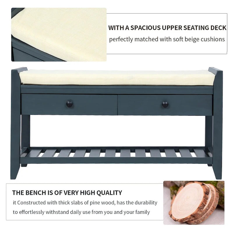 Shoe Rack with Cushioned Seat and Drawers, Multipurpose Storage Bench, Antique Navy - 39 L x 14 W x 19.8 H