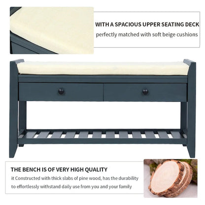 Shoe Rack with Cushioned Seat and Drawers, Multipurpose Storage Bench, Antique Navy - 39 L x 14 W x 19.8 H