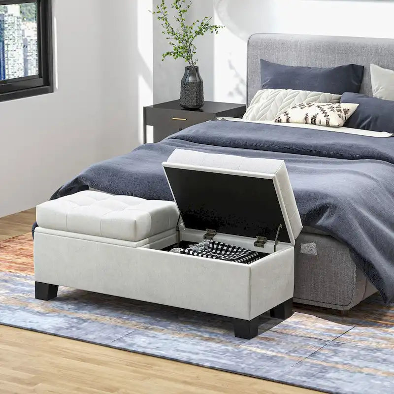 Storage Ottoman Bench, Upholstered End of Bed Bench with Steel Frame, Button Tufted Storage Bench with Safety Hinges