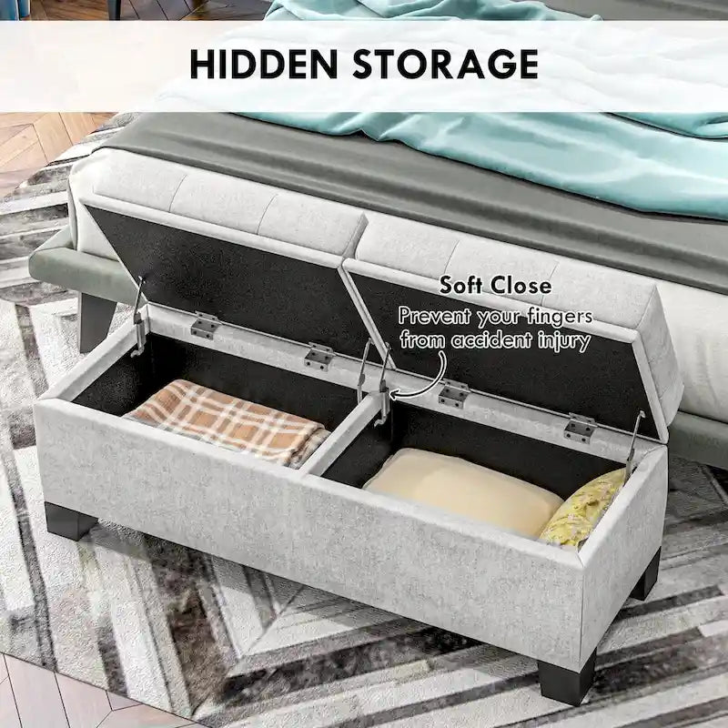 Storage Ottoman Bench, Upholstered End of Bed Bench with Steel Frame, Button Tufted Storage Bench with Safety Hinges