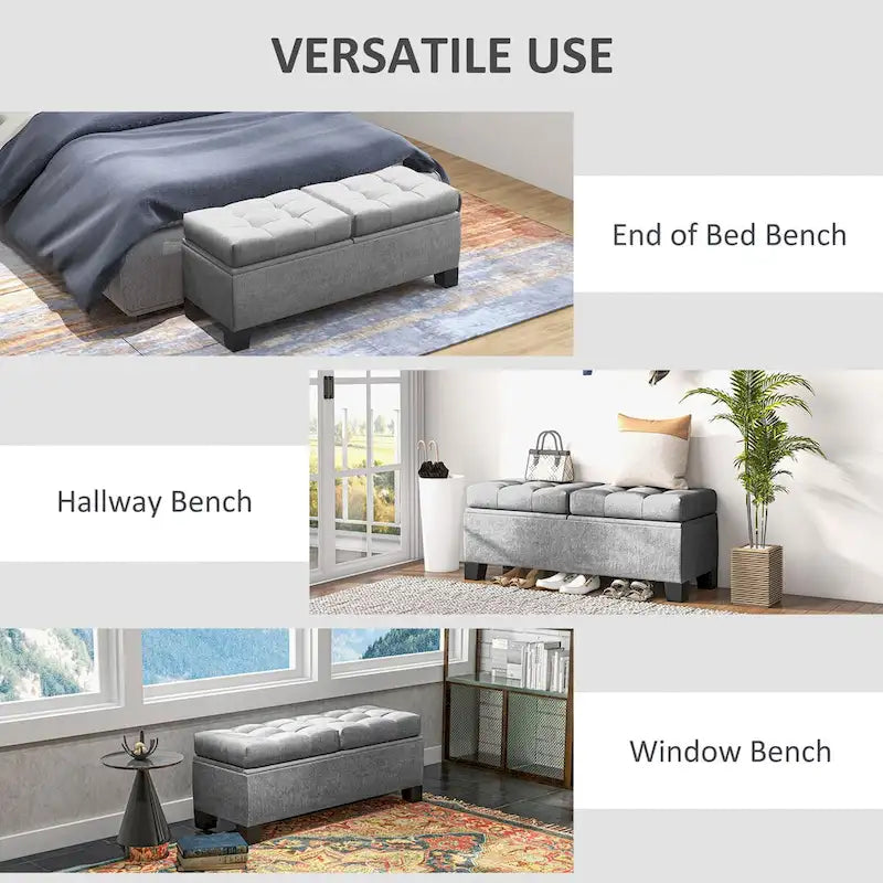 Storage Ottoman Bench, Upholstered End of Bed Bench with Steel Frame, Button Tufted Storage Bench with Safety Hinges