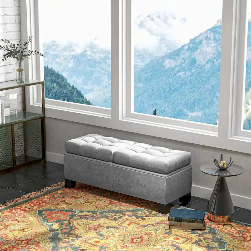 Storage Ottoman Bench, Upholstered End of Bed Bench with Steel Frame, Button Tufted Storage Bench with Safety Hinges