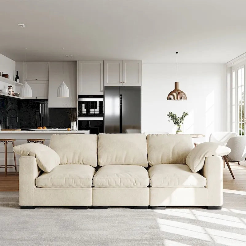 86.61  Modern Farmhouse Deep 3-Seater Sofa, Track Arm Couch, Linen Fabric Sofa