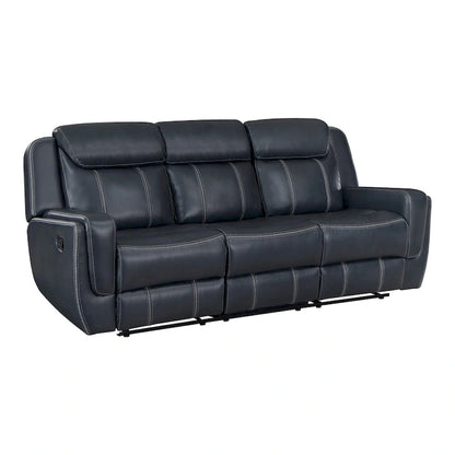 Louise 86 Inch Dual Manual Recliner Blue Faux Leather Sofa, Drop Down Table