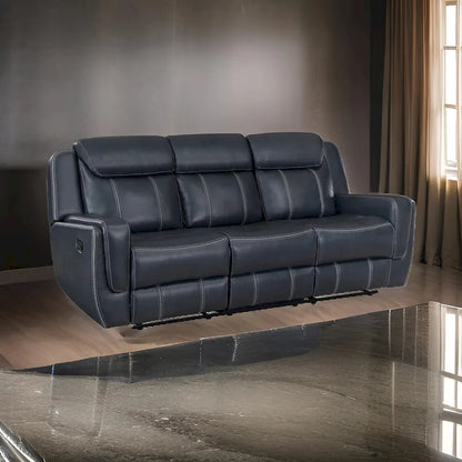 Louise 86 Inch Dual Manual Recliner Blue Faux Leather Sofa, Drop Down Table