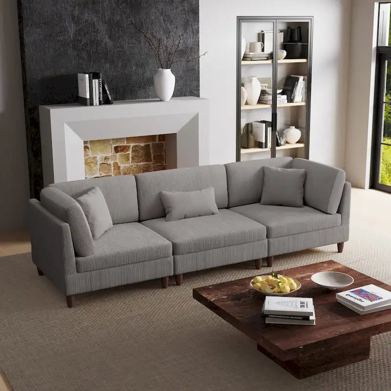 Corduroy Modular Sectional Sofa Set With Pillows