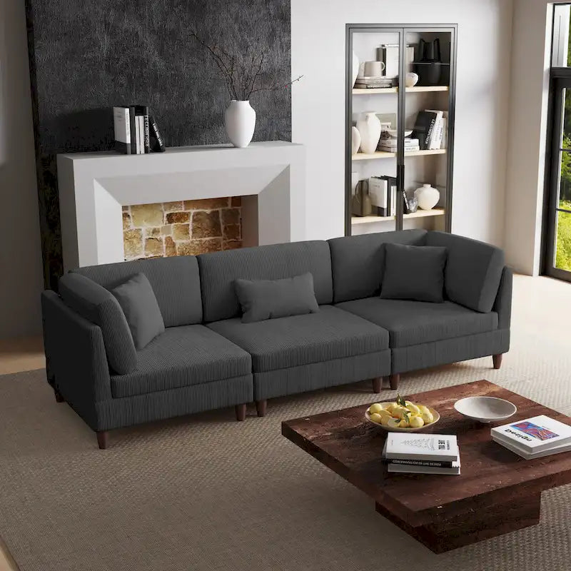 Corduroy Modular Sectional Sofa Set With Pillows
