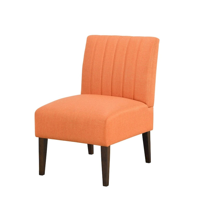 Paula 30 Inch Accent Chair, Orange Fabric, Channel Tufted Back, Brown Wood