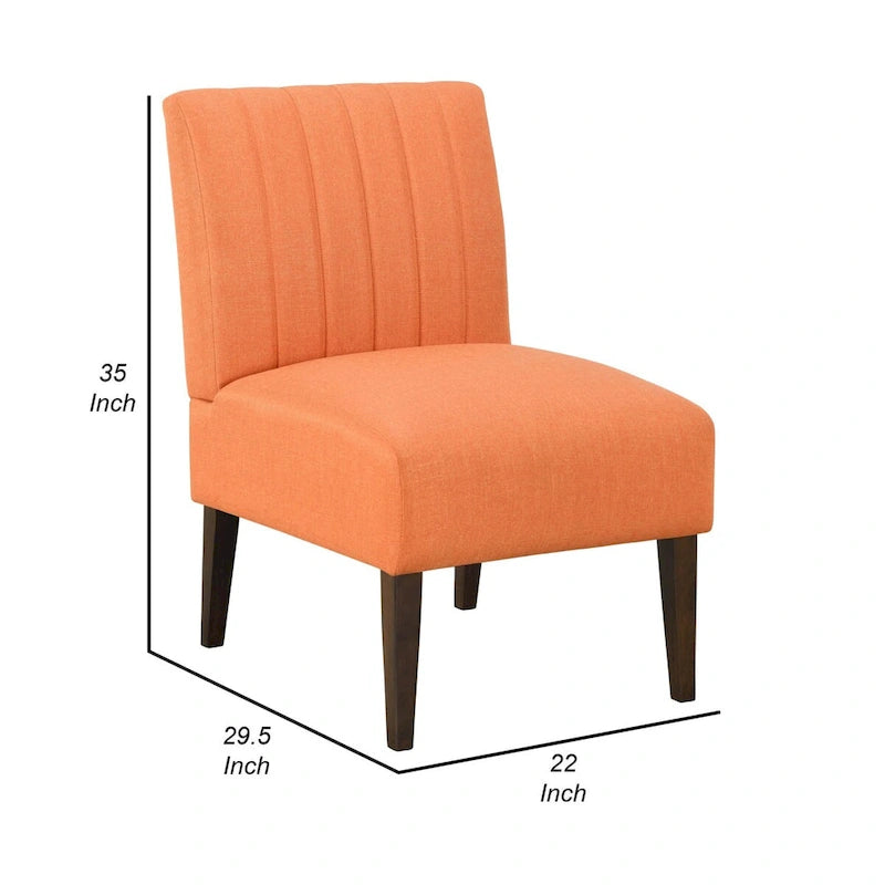 Paula 30 Inch Accent Chair, Orange Fabric, Channel Tufted Back, Brown Wood