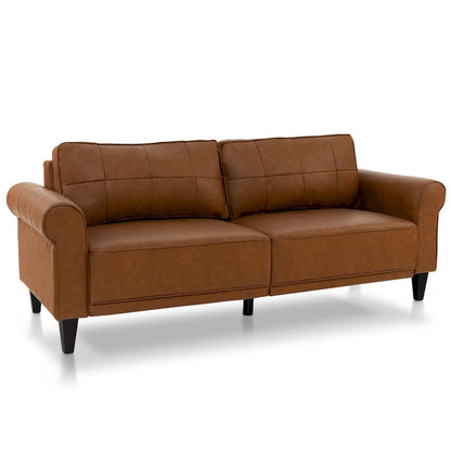 Modern Sofa Couch PU Leather 3-Seater with 2 Back Pillows Wooden Legs