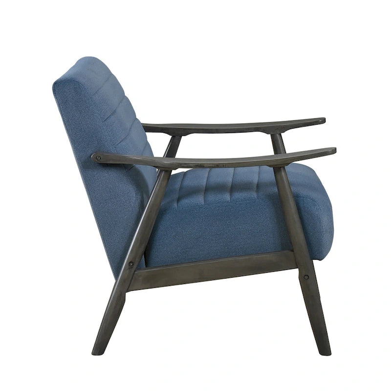 Tira 32 Inch Accent Chair, Channel Stitched, Blue Velvet, Gray Solid Wood