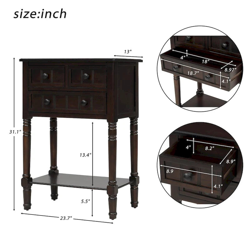 Narrow Slim Esspreso Console Table/Sofa Table with 3 Drawers and 1 Bottom Shelf - 23.7 L x 13 W x 31.1 H