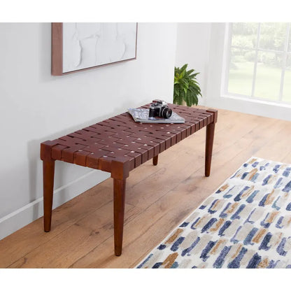 Harness Cognac Brown Woven Genuine Leather and Solid Wood Accent Bench